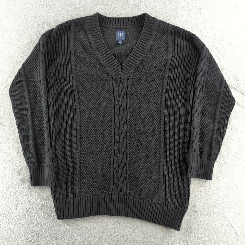 GAP Sweater Mens Medium Black V Neck Cable Knit Cotton Pullover Ribbed Trim